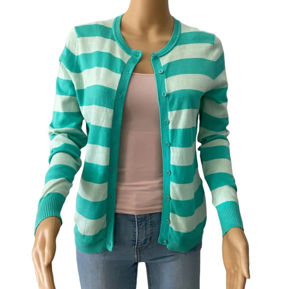 Lord & Taylor Women's Green Striped Button Up Cardigan Modal Sz /Petite small - Picture 2 of 10
